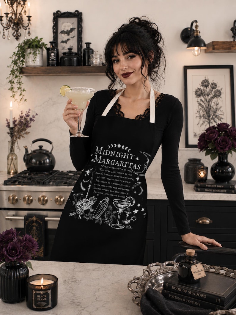 Witchy Spell apron for Cute Halloween Witch Gift Practical Magic Witchcore Essentials Midnight Margaritas Witchy Kitchen Accessory Gothic image 1