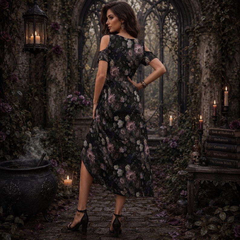 May include: A black midi dress featuring a floral pattern with shades of pink, white, and green. The dress has cold-shoulder cutouts, short sleeves, and a flowing skirt. The fabric is adorned with a dark botanical print throughout the garment.