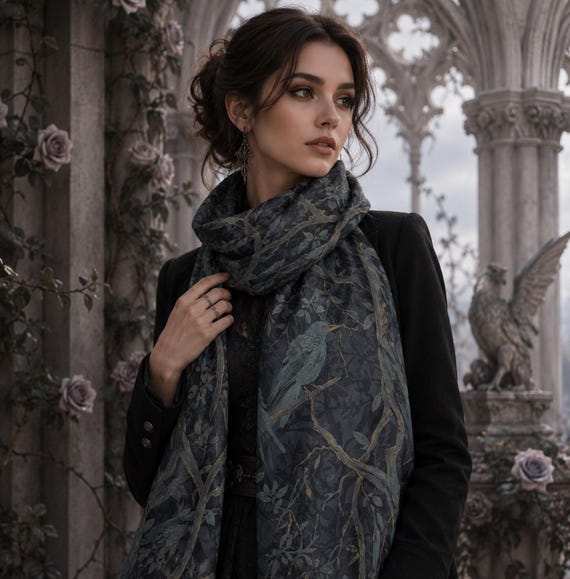 Fall Fashion Gift for Him William Morris Inspired Lightweight Dark Academia Shawl Crow Wrap Men & Women Designer Scarf Fashion Accessory