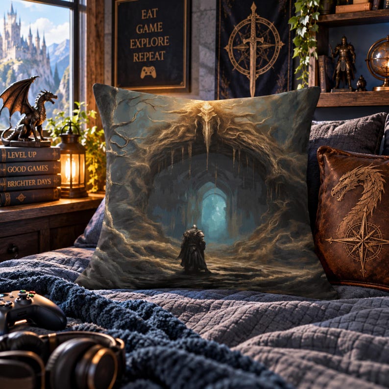May include: A square throw pillow featuring a detailed fantasy illustration of a lone armored figure standing before a dark, cavernous stone archway with glowing blue light in the distance, rendered in shades of brown, gold, and deep blue.