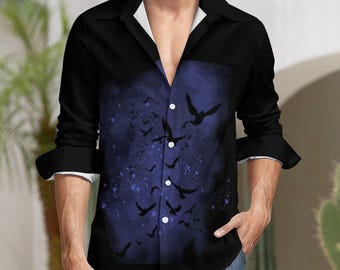 Murder of Crows Faux Linen Men Long Sleeve Shirt with Pocket - Dark Academia Fashion