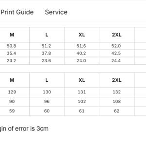 May include: A white size guide chart with black text, featuring two tables for inches and centimeters. It lists garment measurements for length, bust, and sleeve across sizes XS to 6XL. The text at the bottom states the size chart is manual measured, the margin of error is 3cm.