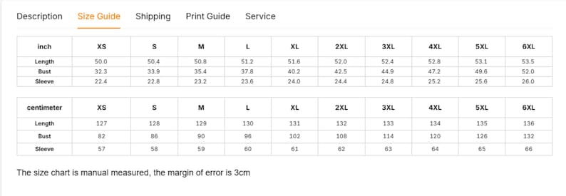 May include: A white size guide chart with black text, featuring two tables for inches and centimeters. It lists garment measurements for length, bust, and sleeve across sizes XS to 6XL. The text at the bottom states the size chart is manual measured, the margin of error is 3cm.