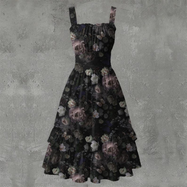 May include: A sleeveless midi dress in a dark black fabric featuring an all-over floral print with muted purple, pink, and white roses. The dress has a gathered bodice, a defined waistline, and a tiered skirt with a ruffled hemline finish.