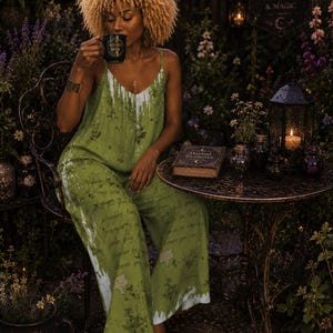 May include: A sleeveless olive green jumpsuit featuring a white paint-drip pattern at the hem and neckline, adorned with botanical illustrations and cursive script text. The garment has thin shoulder straps and wide-leg trousers with a loose fit.