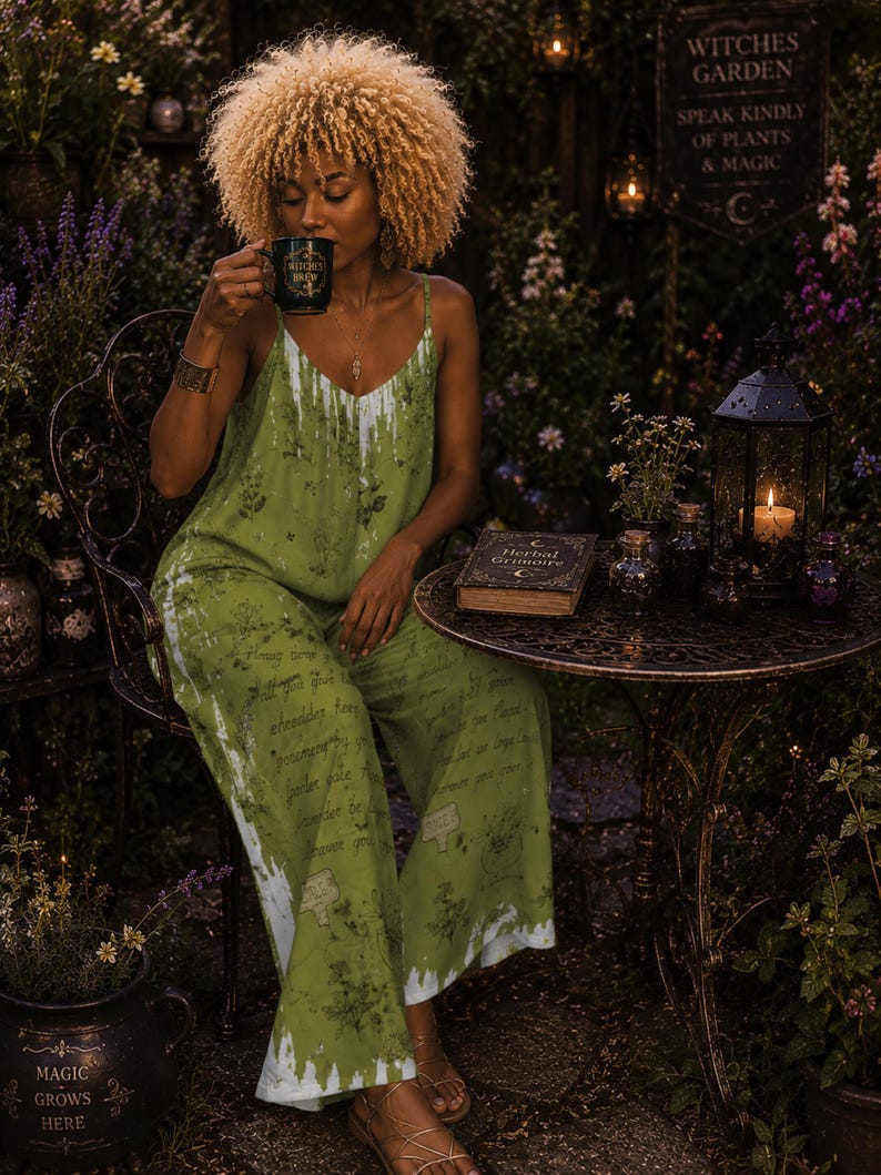 May include: A sleeveless olive green jumpsuit featuring a white paint-drip pattern at the hem and neckline, adorned with botanical illustrations and cursive script text. The garment has thin shoulder straps and wide-leg trousers with a loose fit.