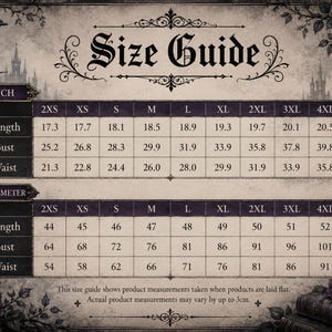 May include: A gothic-themed size guide chart featuring a black raven, roses, and a candle. The table displays garment measurements in inches and centimeters for sizes 2XS through 5XL, including length, bust, and waist dimensions for clothing items.