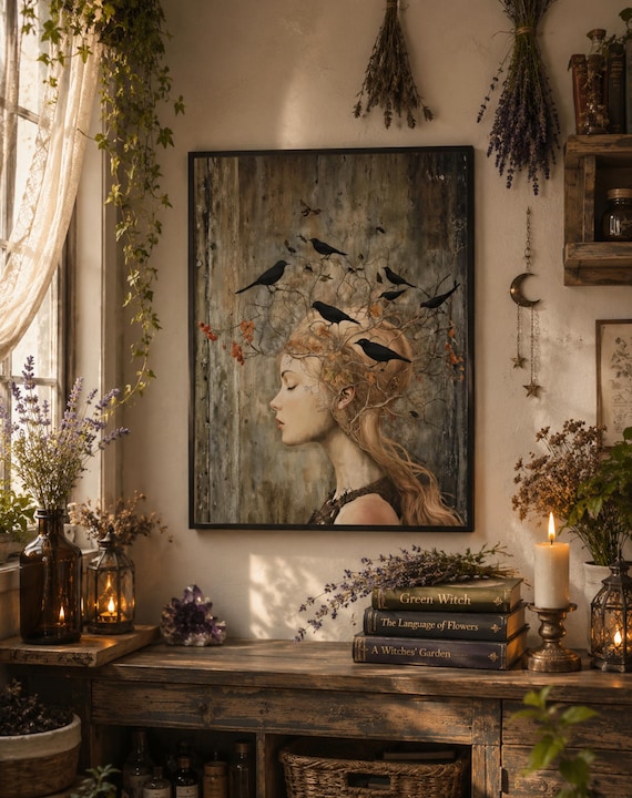 Witchy Wall Art Idea for Entryway Crow Woman Canvas Whimsical Raven Art Giftforher Gothic Wall Decor for Bedroom Pagan Mystical Feminine Art