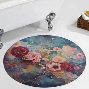 Floral Velvet Round Floor Mat: Vintage Shabby Chic Rug (24&quot;)