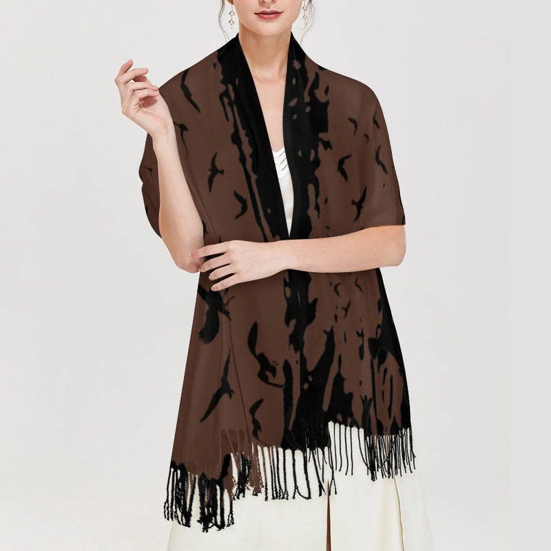 Murder of Crows Cream Tassel Scarf, Witchy Clothing, Raven Scarf