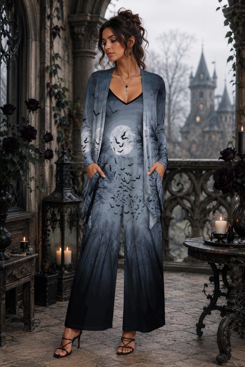 May include: A sleeveless jumpsuit and matching long-sleeve open cardigan set featuring a dark gray and black gradient print of a forest, a full moon, and a flock of flying bats. The jumpsuit has a V-neckline and side pockets with wide-leg trousers.