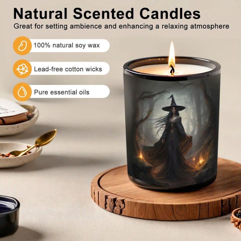 May include: A lit scented candle in a black glass jar with a witch illustration. The candle sits on a wooden coaster. Text on the image reads "Natural Scented Candles" and highlights features like natural soy wax and pure essential oils.