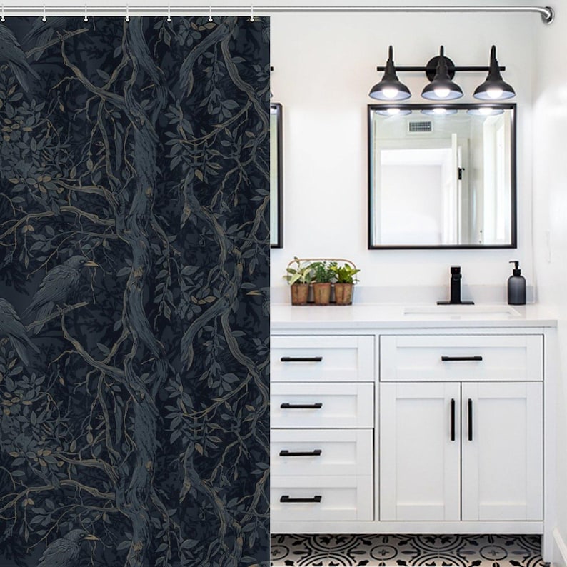 William Morris Inspired Shower Curtain Edgar Allan Poe Gothic Bathroom Decor Goth Bathroom Whimsigoth Decor Moody Shower Bathroom Decor image 12