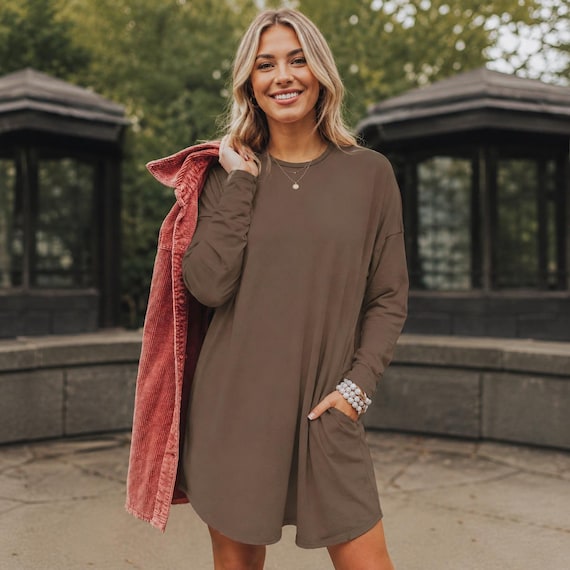 Gift for Mom Autumn Casual Comfort Minimalist Style Relaxed Fit Dress with Pockets Boho TShirt Dress Long Sleeve Fall Casual Versatile Shirt