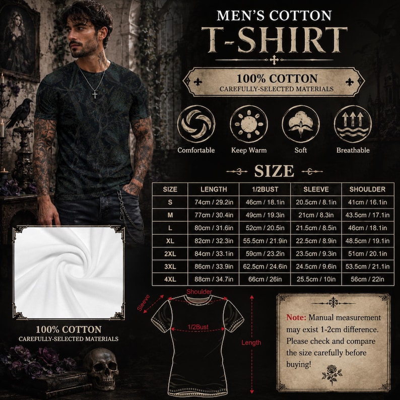 Pode incluir: Uma t-shirt preta de manga curta com um padr&atilde;o escuro. A imagem inclui uma tabela de tamanhos com medidas em cm, &iacute;cones de conforto, calor, suavidade e respirabilidade, e um diagrama com medidas de comprimento, manga e ombros.