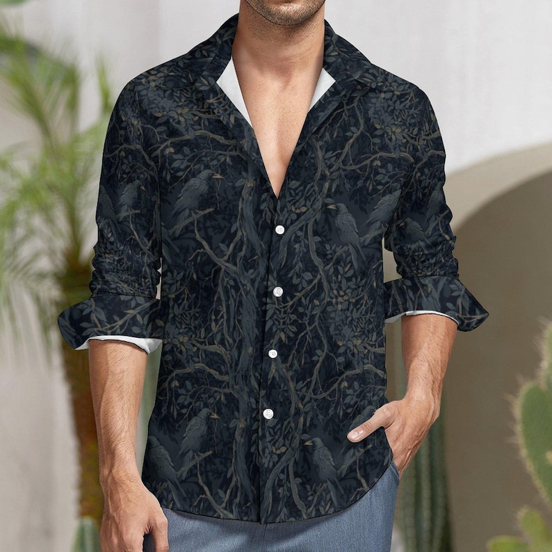 Dark Romance Shirt for Boyfriend William Morris Crow Faux Linen Mens Oxford Dark Academia Vest and Grandpa Sweater Goth Clothing for Grandpa image 2
