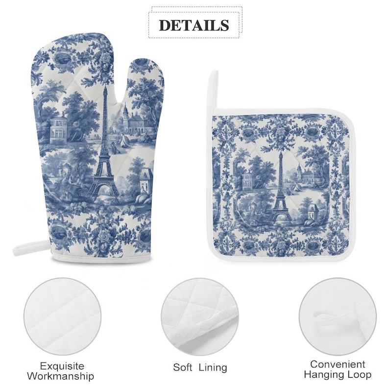 French Kitchen Baking Gift Toile Oven Mitts & Pot Holder Set Blue White Decor Thick Oven Mitt Farmhouse Kitchen Decor Wedding Shower Gift image 7