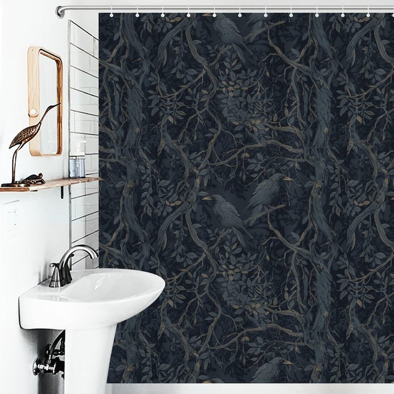 William Morris Inspired Shower Curtain Edgar Allan Poe Gothic Bathroom Decor Goth Bathroom Whimsigoth Decor Moody Shower Bathroom Decor image 3