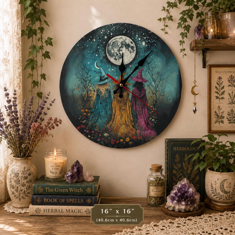 Idée cadeau d'Halloween automnale pour maman : Horloge murale en bois magique et pratique pour la cuisine, style cottagecore et fantaisie. Cadeau d'anniversaire pour une sœur. image 2