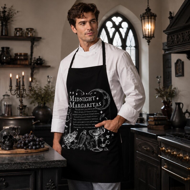 May include: A black apron featuring a white graphic print with the text Midnight Margaritas, a crescent moon, stars, a cocktail shaker, a margarita glass, and a frog illustration, worn over a white long-sleeved chef coat in a kitchen.