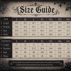 May include: A size guide chart featuring two tables with measurements in inches and centimeters for sizes S through 5XL. The chart includes rows for length, shoulder, bust, and waist. The design features a black raven, roses, and a candle.