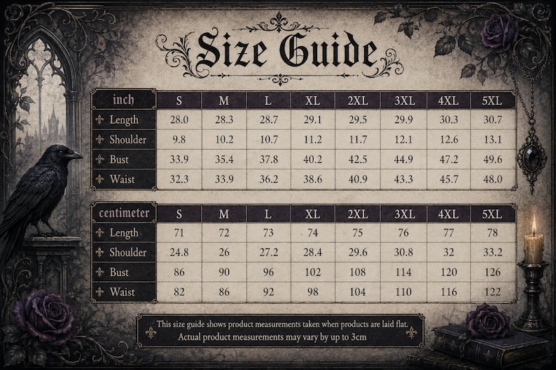 May include: A size guide chart featuring two tables with measurements in inches and centimeters for sizes S through 5XL. The chart includes rows for length, shoulder, bust, and waist. The design features a black raven, roses, and a candle.
