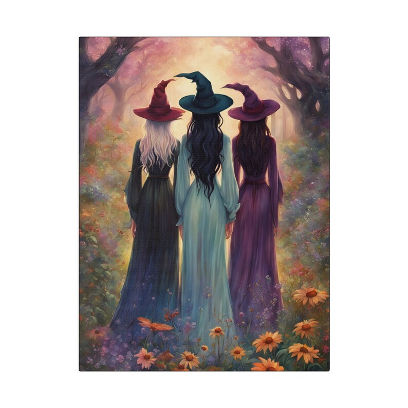 May include: Three witches walk in a forest path.  They wear long gowns; one is teal, one dark purple, and one dark green.  Their pointed hats are burgundy, teal, and purple.  The path is lined with wildflowers in shades of orange, yellow, and purple.  The scene is painted in a whimsical style with soft lighting.
