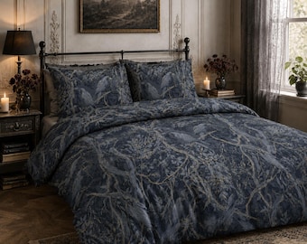 William Morris Inspired Gothic Crow Duvet and Comforter Set Dark Cottagecore Edgar Allan Poe Dark Academia Whimsigoth Victorian Bedding