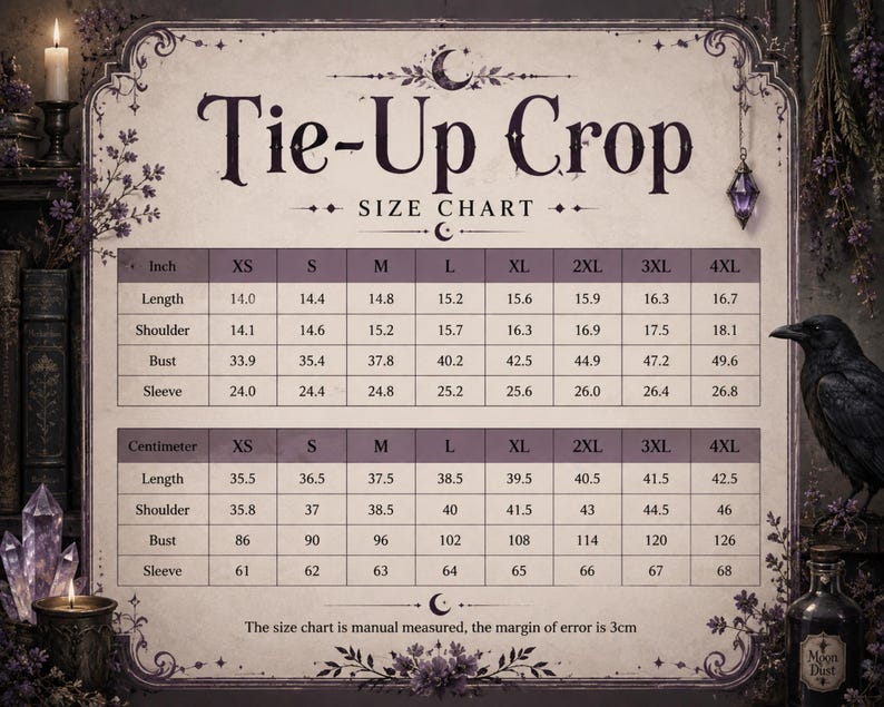 以下が含まれることがあります： Tie-Up Cropトップスの長方形のサイズチャート。明るい背景に濃い紫色の文字で、XSから4XLまでのサイズに対応するインチとセンチメートルの測定値が表示されています。長さ、肩幅、バスト、袖の寸法が含まれています。