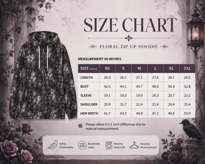 May include: A black zip-up hoodie featuring a floral pattern with white and muted pink roses. The image includes a size chart with measurements in inches for sizes XS through 2XL, detailing length, bust, sleeve, shoulder, and hem width.