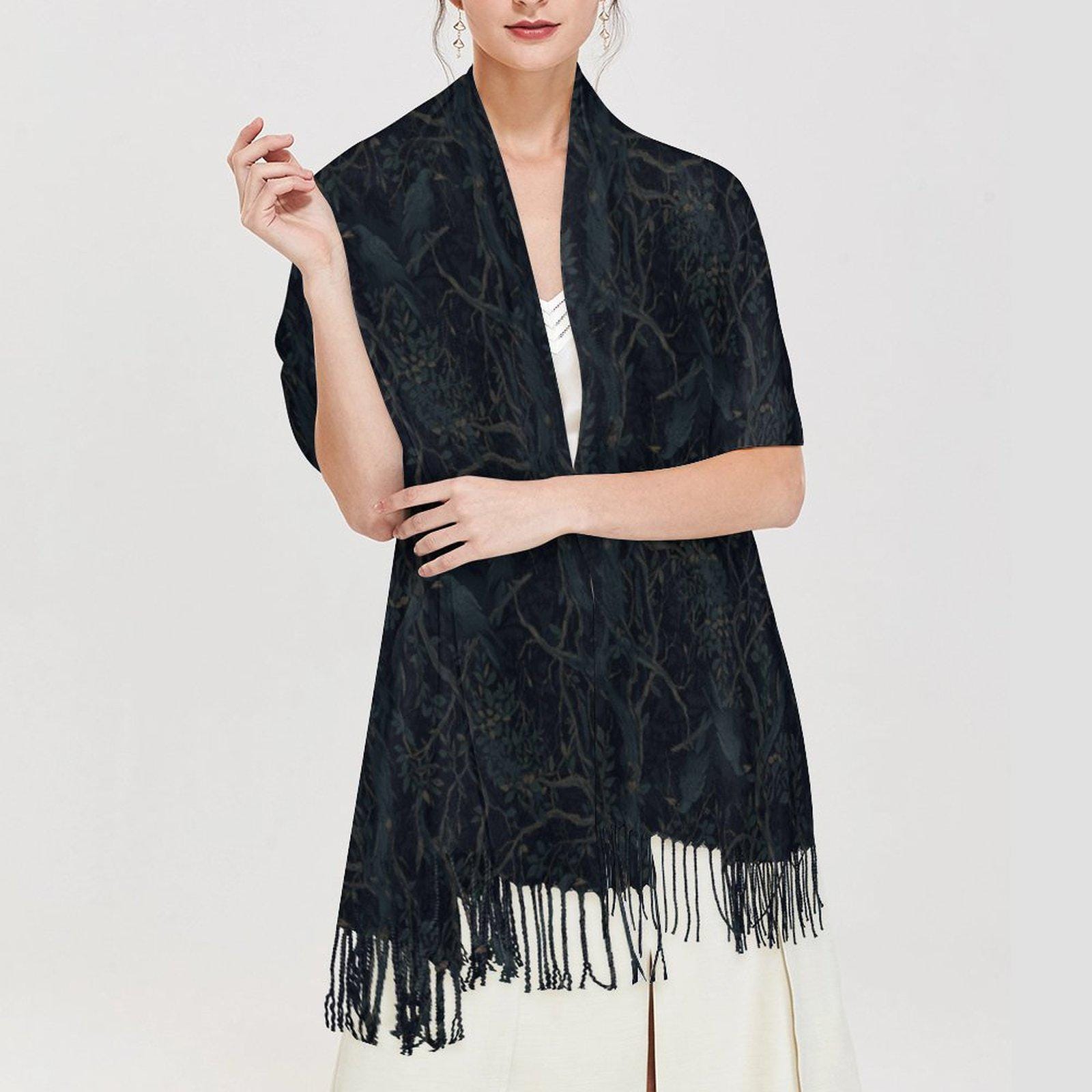 Dark Academia Crow Tassel Scarf: William Morris Inspired Gothic