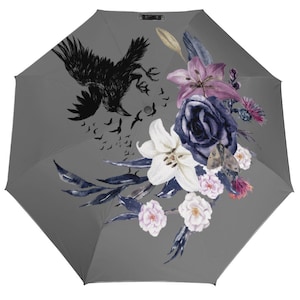 Boho Crow Auto Umbrella: Gothic Raven Floral Gift