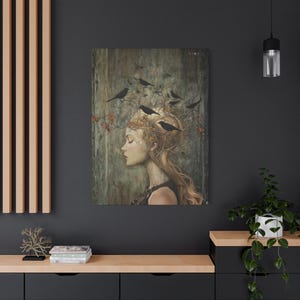 Witchy Wall Art Idea for Entryway Crow Woman Canvas Whimsical Raven Art Giftforher Gothic Wall Decor for Bedroom Pagan Mystical Feminine Art image 15