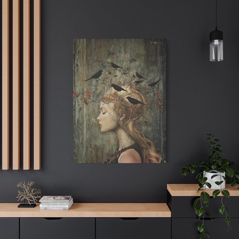 Witchy Wall Art Idea for Entryway Crow Woman Canvas Whimsical Raven Art Giftforher Gothic Wall Decor for Bedroom Pagan Mystical Feminine Art image 15