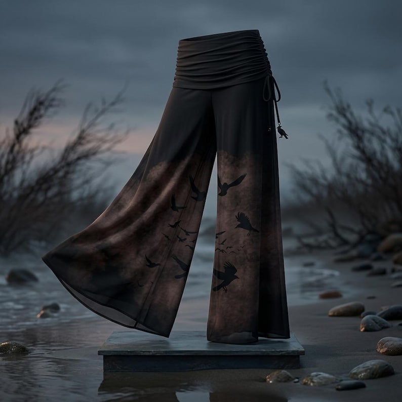 Raven Whimsigoth Clothes Edgar Allan Poe Gift for Women Atl Clothing Murder of Crows Palazzo Pants Gothic Wide Leg Trousers for Pilates image 4