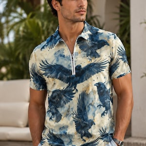 Edgar Allan Poe Inspired Faux Linen Oxford Literary Men's Clothing for Dad Gift Crows in Watercolor Men's Short Sleeve POLO with Zipper