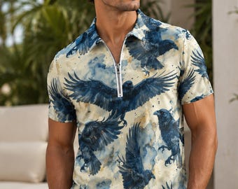 Edgar Allan Poe Inspired Faux Linen Oxford Literary Men's Clothing for Dad Gift Crows in Watercolor Men's Short Sleeve POLO with Zipper