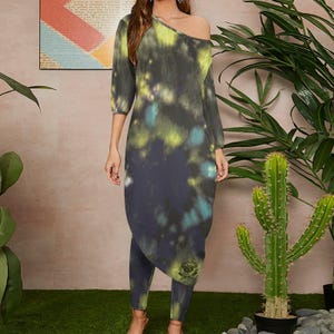 Dark Night Tie Die Diagonal Shoulder Two Piece Set, Boho Tie Dye Maxi Dress, Festival tie dye dress, Hippie tie dye dress, Witchy Clothing
