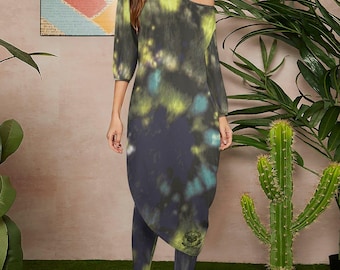 Tie Dye Two Piece Set: Diagonal Shoulder Boho Maxi Dress