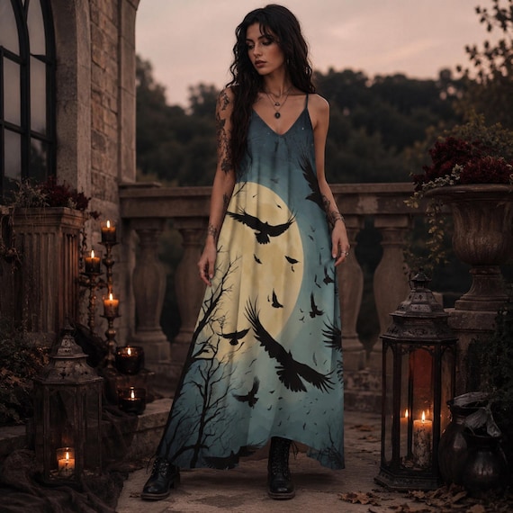 Witch Aesthetic Girl Halloween Spooky Babe Witch Dress Full Moon Crow Spaghetti Strap Dress Practical Magic Gothic Raven Whimsigoth Clothing