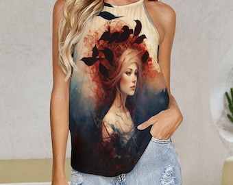 Woman and Crow High Neck Tank Top, Lace trim Camisole, Sheer Mesh Skirt - Witchy Clothing