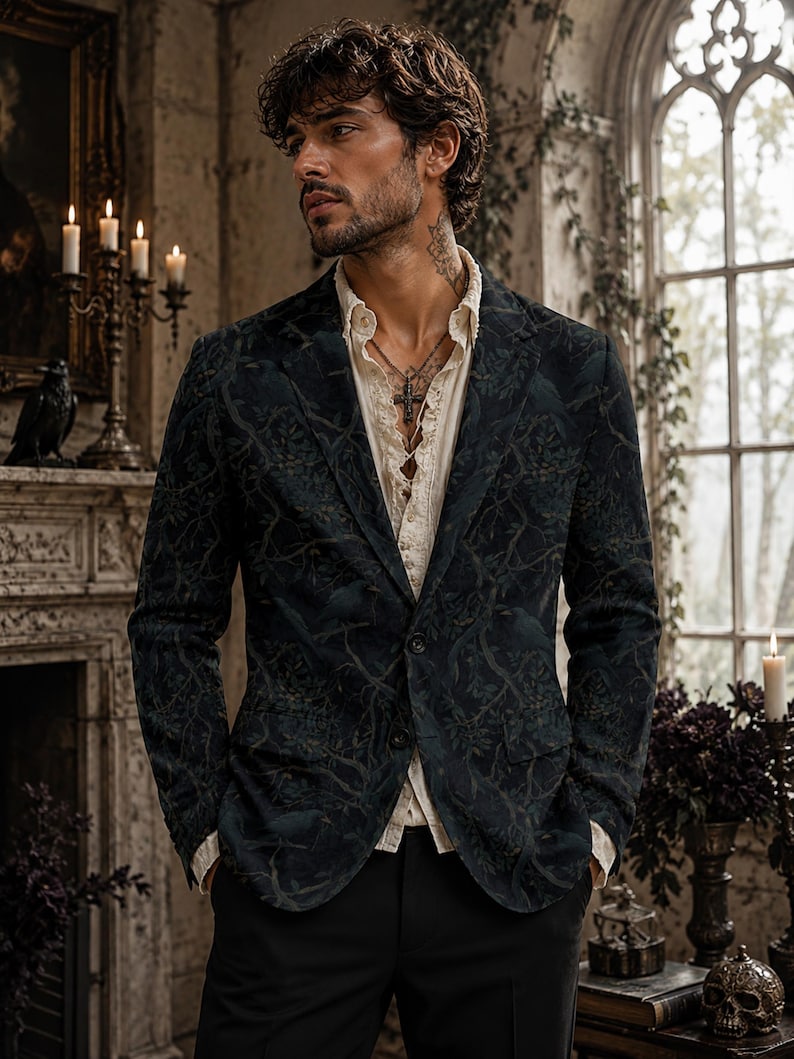 Pode incluir: Um blazer azul-marinho escuro com um padr&atilde;o tonal e intrincado de aves e motivos bot&acirc;nicos, usado sobre uma camisa de bot&otilde;es cor de creme com gola de folhos e um pendente de cruz prateada, combinado com cal&ccedil;as pretas lisas.