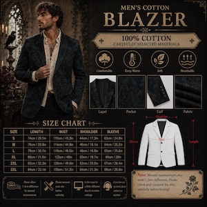 Pode incluir: Um blazer de algod&atilde;o com padr&atilde;o escuro, lapela entalhada, fecho frontal de dois bot&otilde;es e mangas compridas. A imagem inclui uma tabela de tamanhos detalhada com medidas em cm e polegadas, juntamente com &iacute;cones que destacam as propriedades.