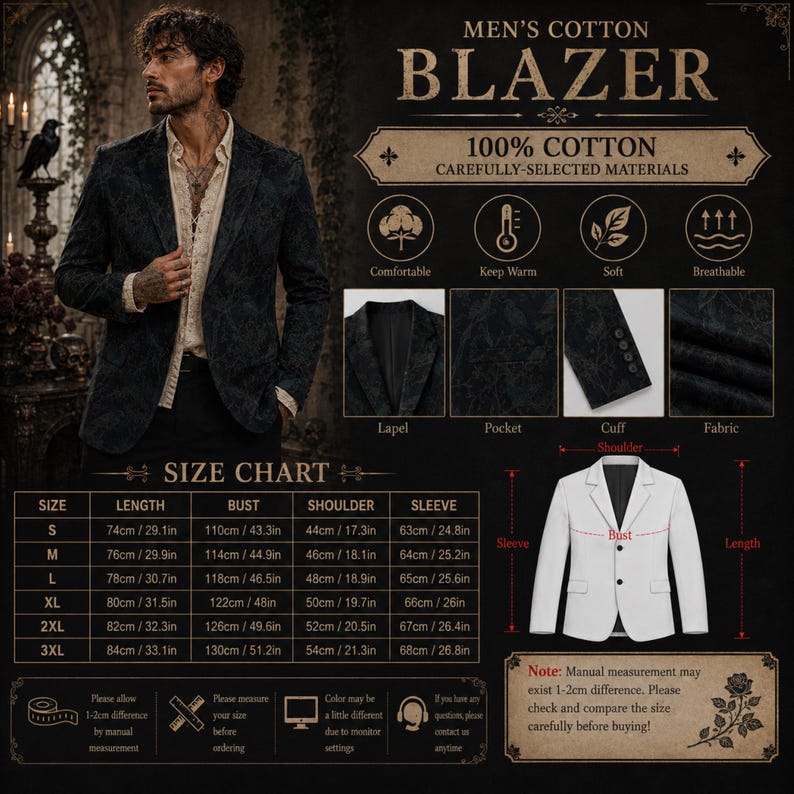Pode incluir: Um blazer de algod&atilde;o com padr&atilde;o escuro, lapela entalhada, fecho frontal de dois bot&otilde;es e mangas compridas. A imagem inclui uma tabela de tamanhos detalhada com medidas em cm e polegadas, juntamente com &iacute;cones que destacam as propriedades.