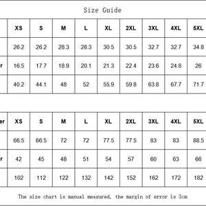 May include: A black and white size guide chart featuring two tables with measurements in inches and centimeters. The rows list length, shoulder, and bust dimensions for sizes XS through 6XL. Text at the bottom states the margin of error is 3cm.