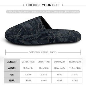May include: A dark blue cotton slipper featuring a detailed forest and bird pattern. The image includes a size chart with measurements in inches and centimeters, listing lengths from 10.9 to 12.7 inches and widths from 4 to 4.6 inches for US sizes 7.5 to 14.