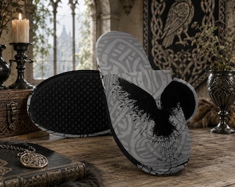 Norse Pagan House Shoes Birthday Gift for Dad Christmas Present Idea for Mom Viking Crow Flannel Slipper Gothic Viking Crow Lover Giftforher