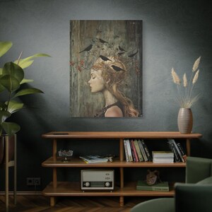Witchy Wall Art Idea for Entryway Crow Woman Canvas Whimsical Raven Art Giftforher Gothic Wall Decor for Bedroom Pagan Mystical Feminine Art image 7