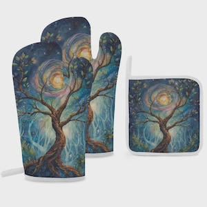 May include: A set of kitchen oven mitts and a pot holder featuring a tree design. The artwork depicts a tree with a swirling galaxy background in shades of blue, green, and yellow. The mitts have a white loop for hanging.