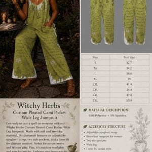 May include: A wide-leg jumpsuit in olive green featuring a botanical print with herbs and text. The garment includes adjustable spaghetti straps, two side pockets, and a loose fit. A size chart displays bust measurements in inches from 32.7 to 50.4.